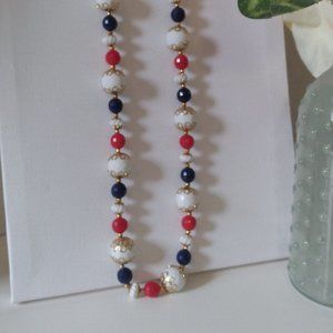 Vintage Single Strand 24" Beaded Necklace,Red White Blue,Stamped Hong Kong